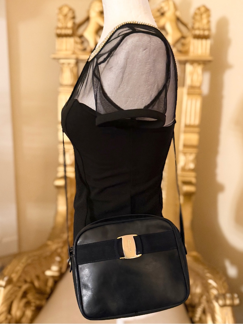 Salvatore Ferragamo Black Leather Crossbody with Gold Buckle